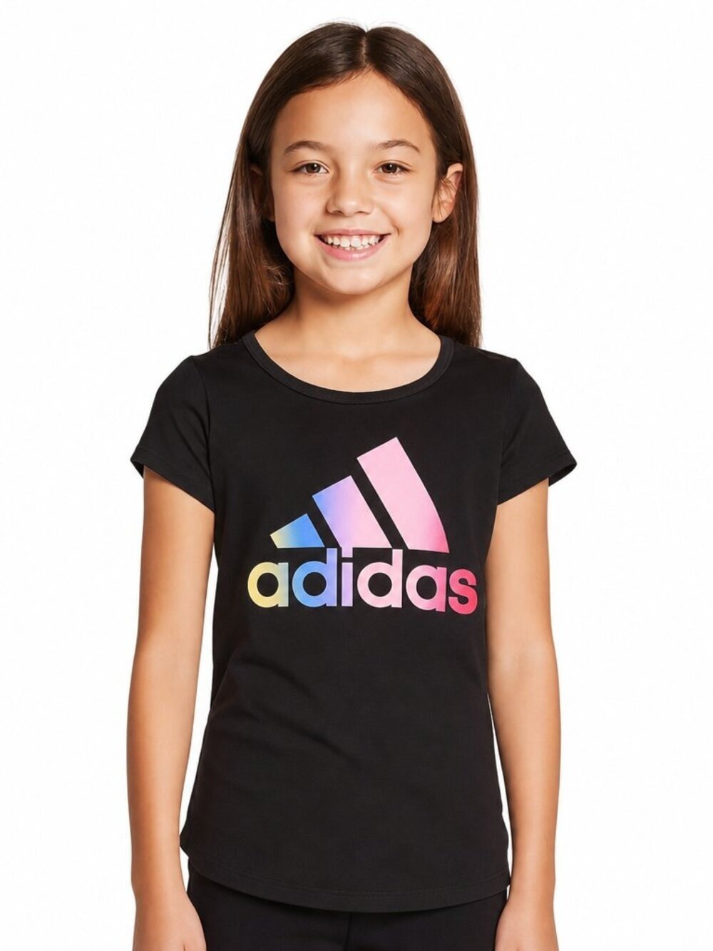 Adidas Girls Black Logo Tee M (10/12) – Vibrant Gradient Design | Gently Used